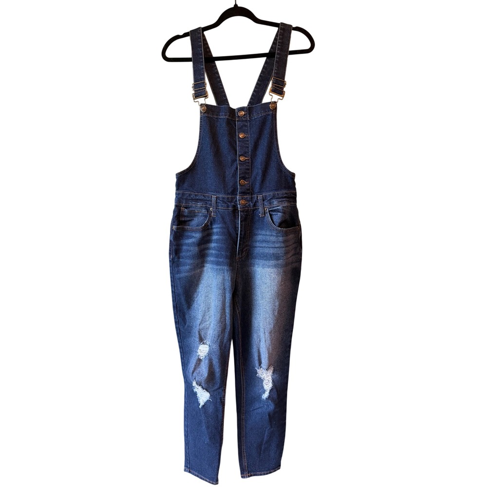Distressed Dark Wash Denim Overalls Button Front Bib Dungarees Large